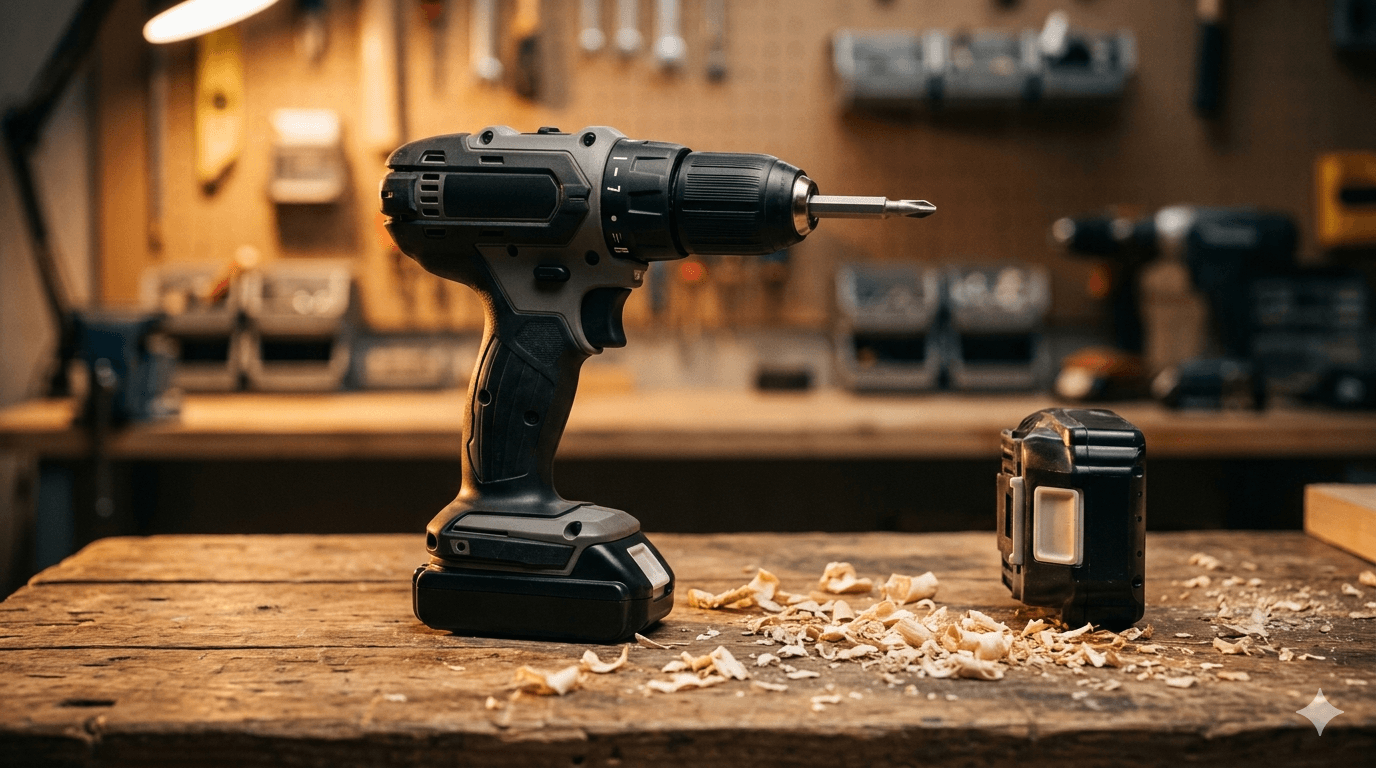 Comparatif visuel entre perceuse sans fil 12V et 18V en atelier