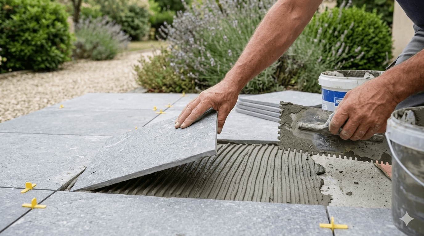Pose soignée d'un carrelage extérieur sur terrasse moderne