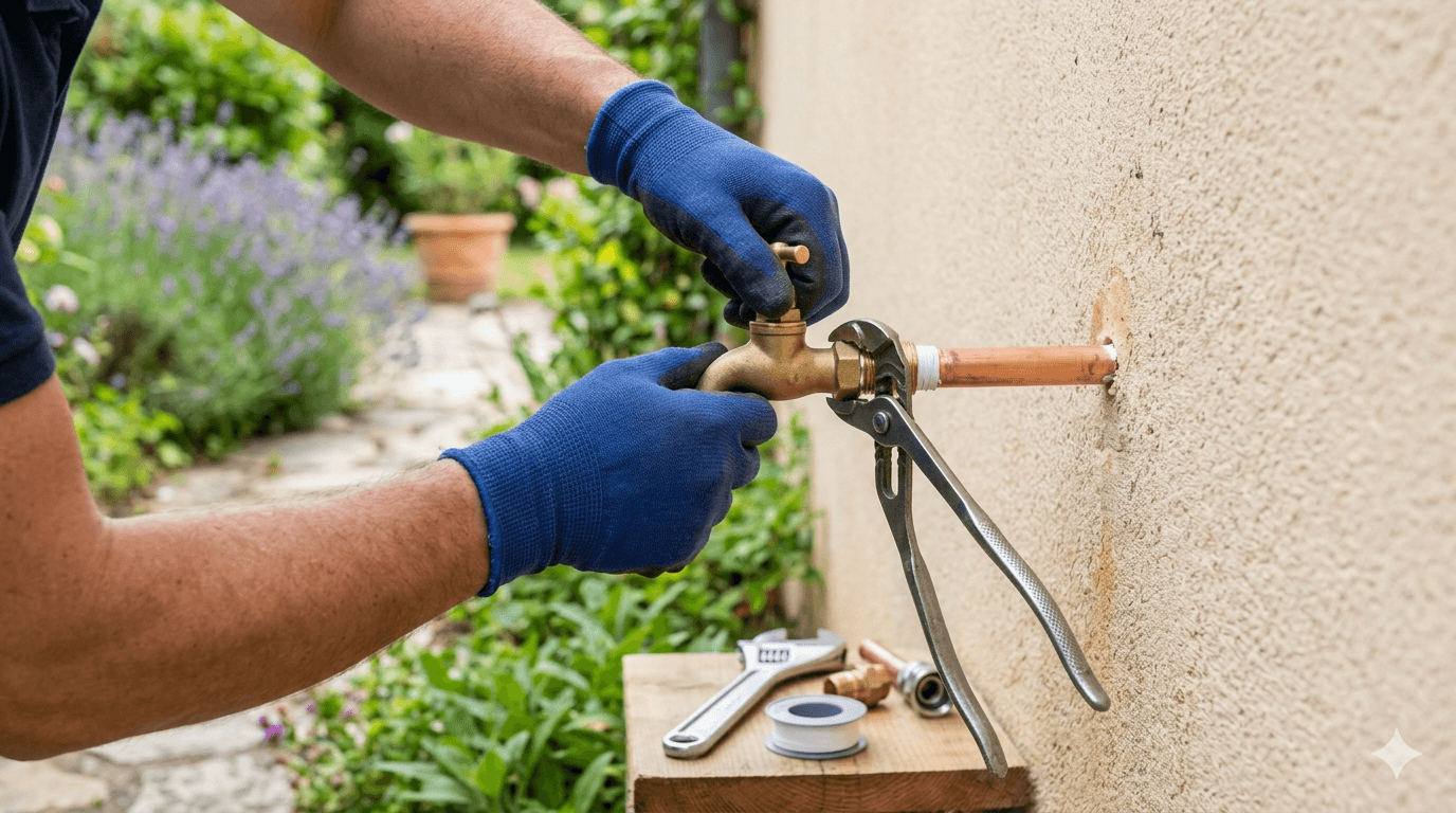 Robinet extérieur rénové sur un mur de jardin avec finition soignée