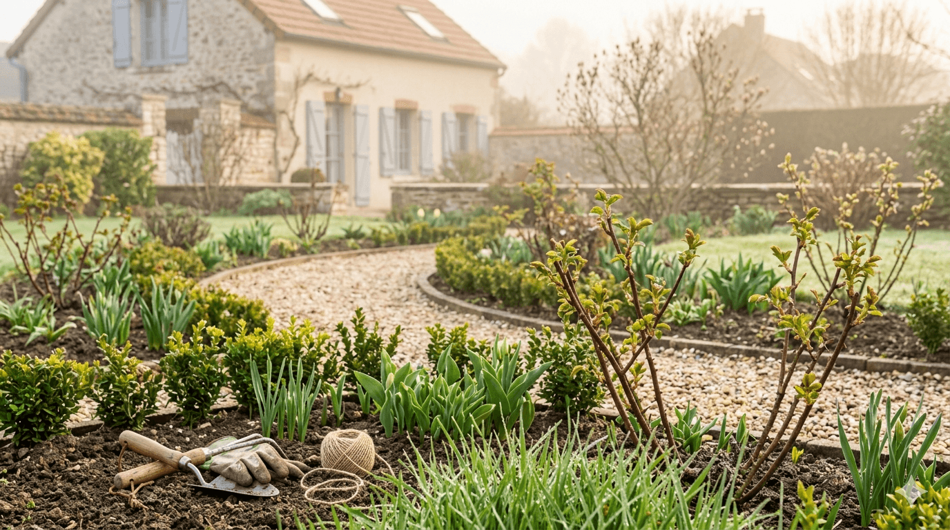 Jardin lumineux au printemps avec allée fleurie et ambiance naturelle